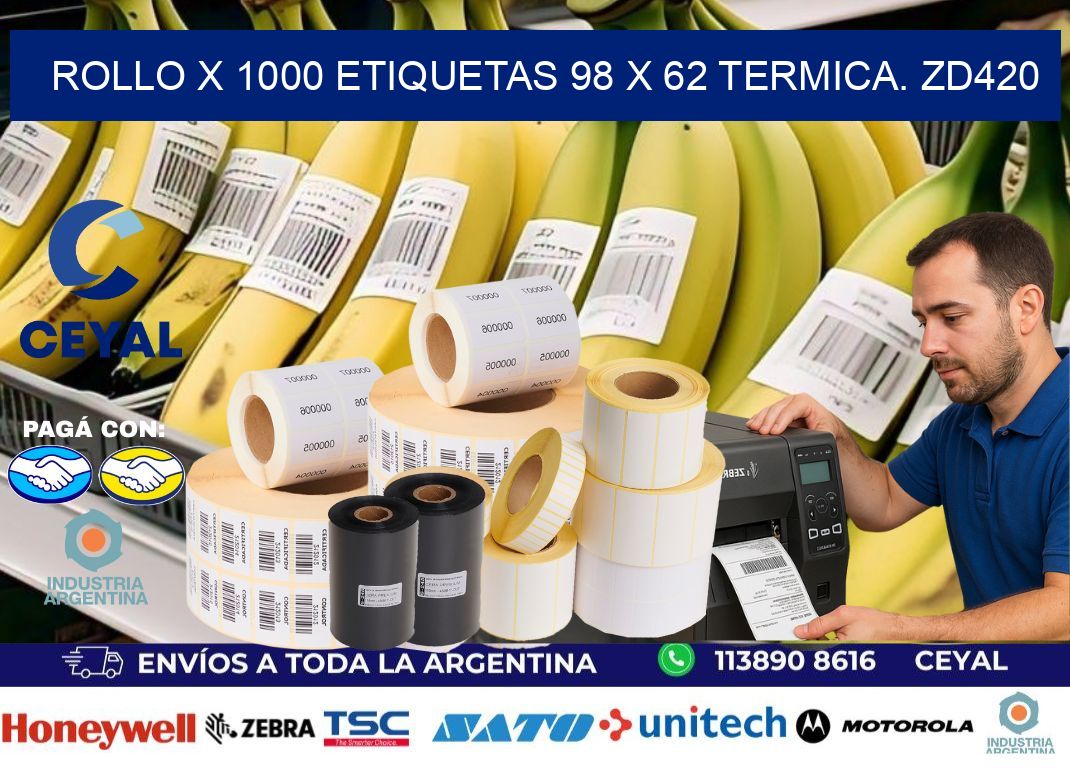 Rollo X 1000 etiquetas 98 x 62 termica. zd420