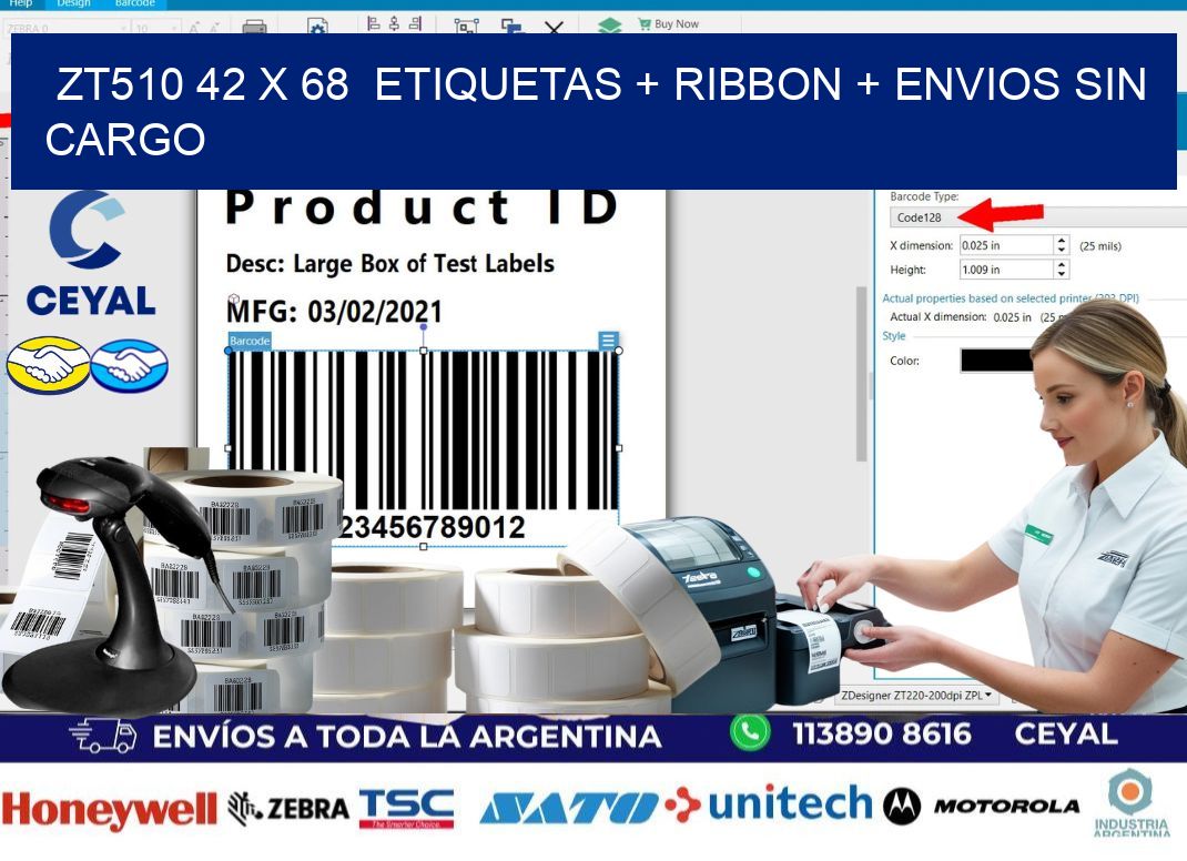 ZT510 42 x 68  etiquetas + ribbon + envios sin cargo