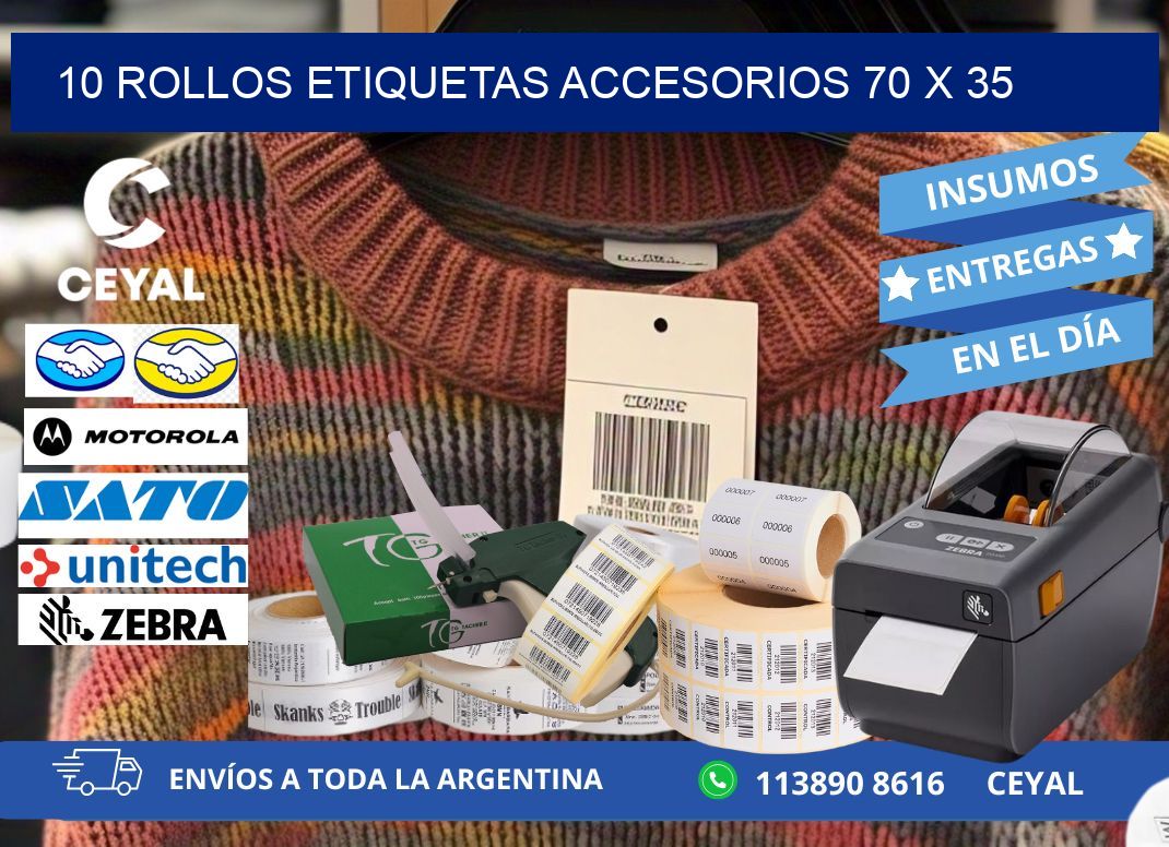 10 ROLLOS ETIQUETAS ACCESORIOS 70 x 35