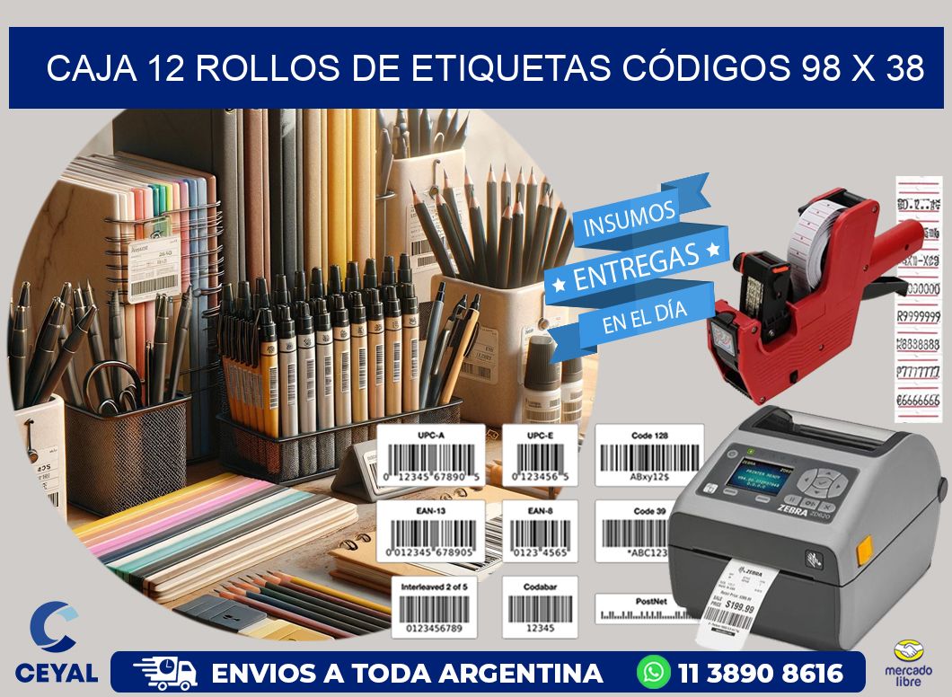 CAJA 12 ROLLOS DE ETIQUETAS CÓDIGOS 98 x 38