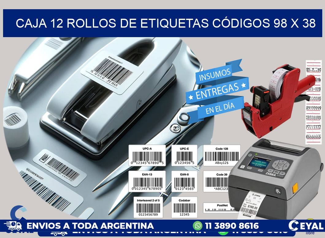 CAJA 12 ROLLOS DE ETIQUETAS CÓDIGOS 98 x 38