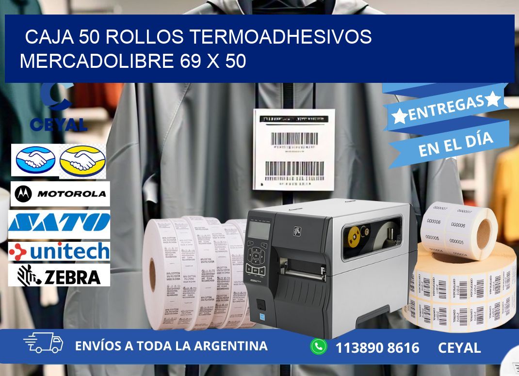 CAJA 50 ROLLOS TERMOADHESIVOS MERCADOLIBRE 69 x 50
