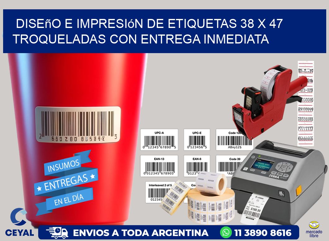 Diseño e impresión de etiquetas 38 x 47 troqueladas con entrega inmediata