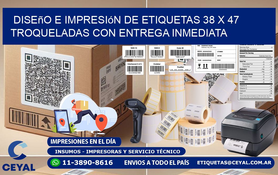 Diseño e impresión de etiquetas 38 x 47 troqueladas con entrega inmediata