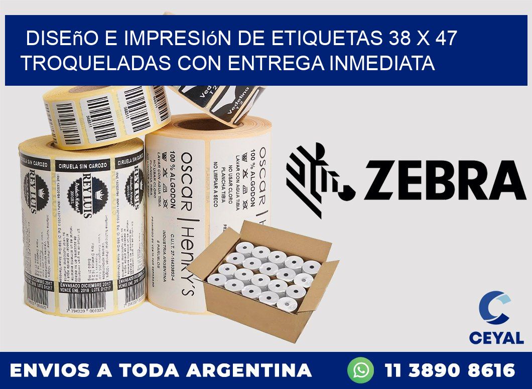Diseño e impresión de etiquetas 38 x 47 troqueladas con entrega inmediata