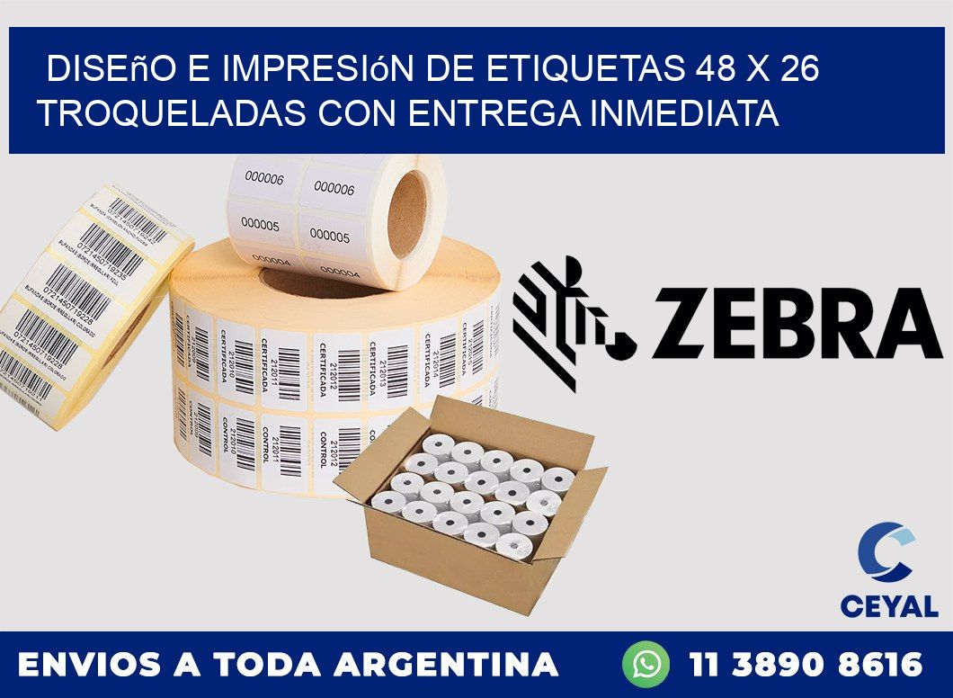 Diseño e impresión de etiquetas 48 x 26 troqueladas con entrega inmediata