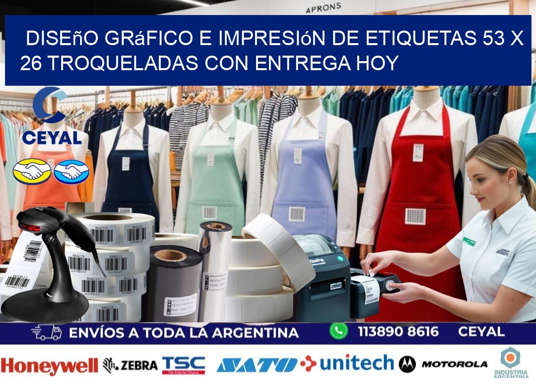 Diseño gráfico e impresión de etiquetas 53 x 26 troqueladas con entrega hoy