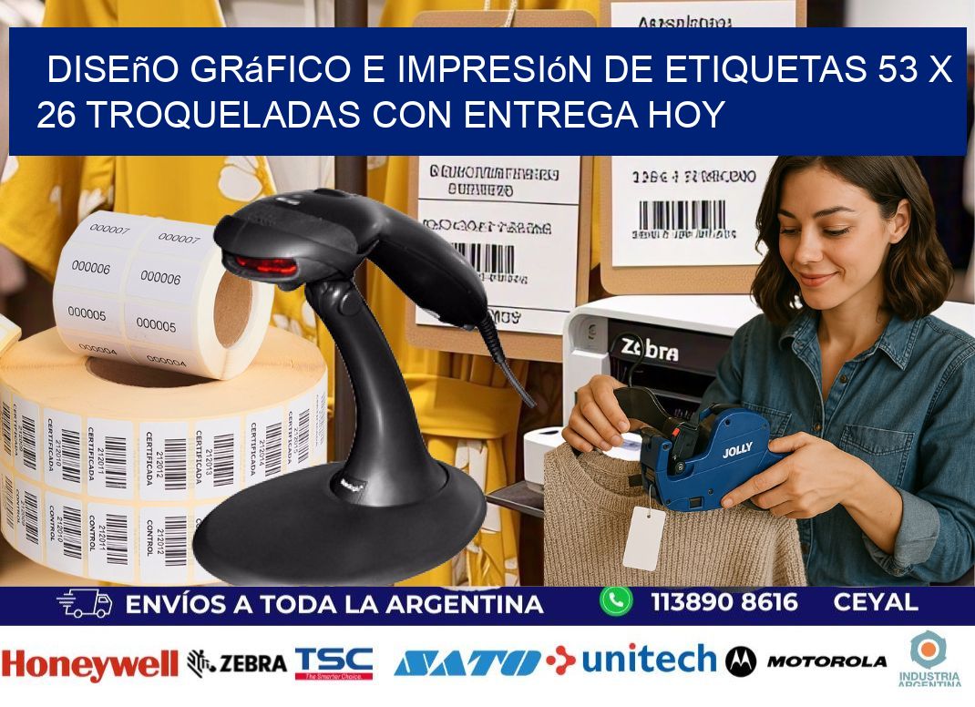 Diseño gráfico e impresión de etiquetas 53 x 26 troqueladas con entrega hoy