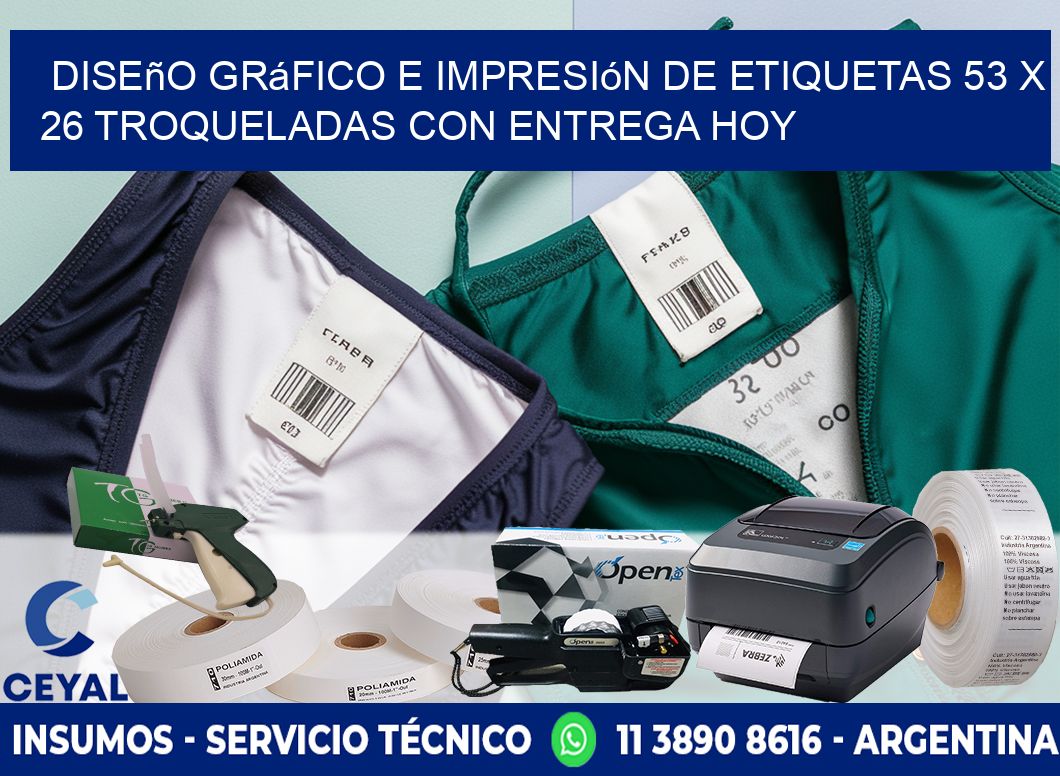 Diseño gráfico e impresión de etiquetas 53 x 26 troqueladas con entrega hoy