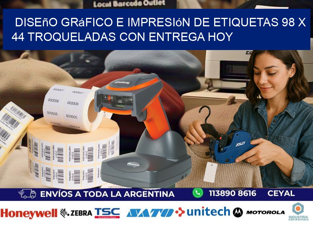 Diseño gráfico e impresión de etiquetas 98 x 44 troqueladas con entrega hoy