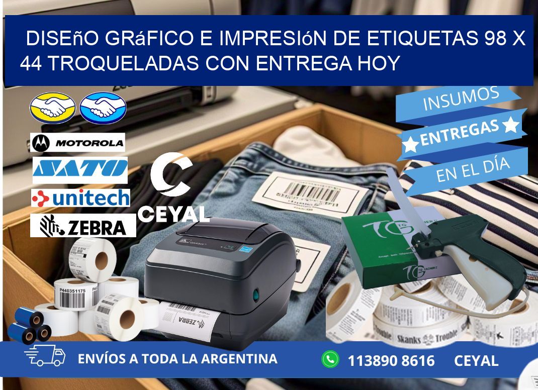 Diseño gráfico e impresión de etiquetas 98 x 44 troqueladas con entrega hoy