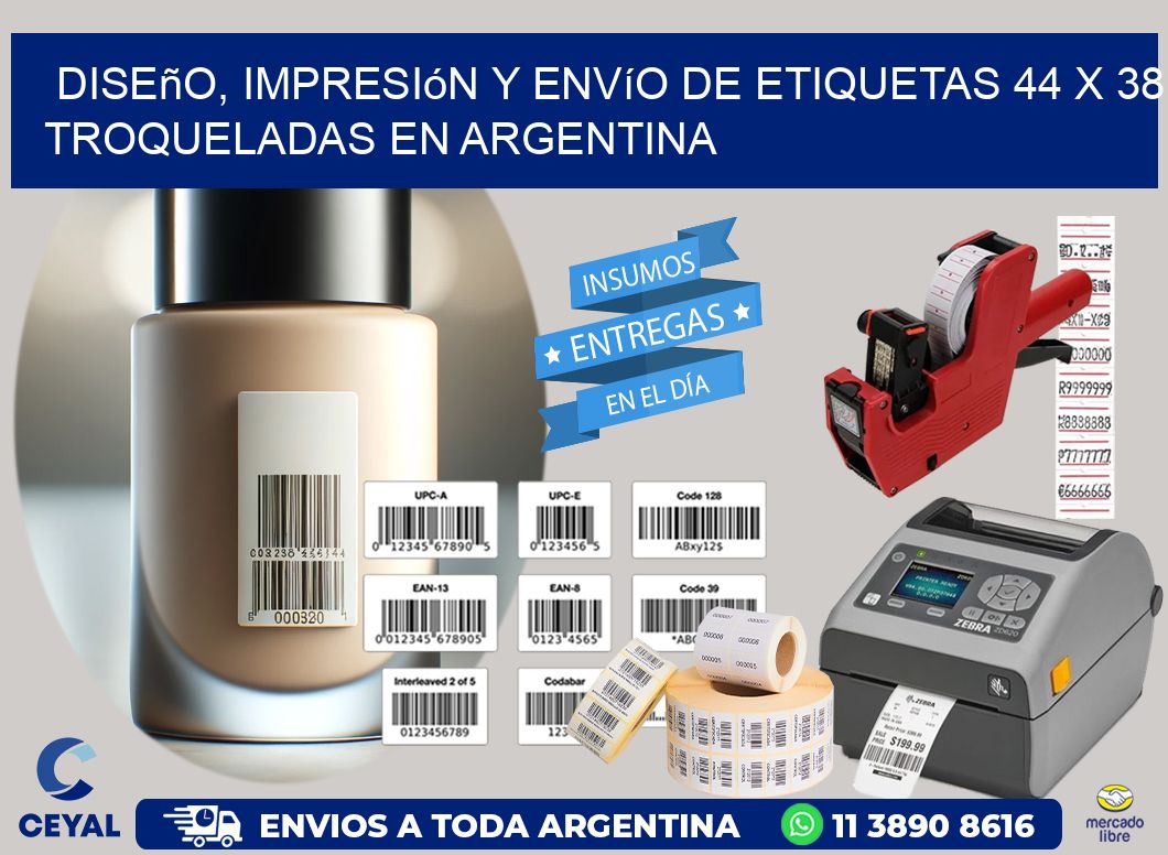 Diseño, impresión y envío de etiquetas 44 x 38 troqueladas en Argentina