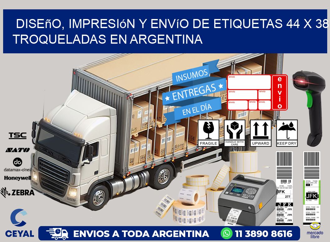Diseño, impresión y envío de etiquetas 44 x 38 troqueladas en Argentina