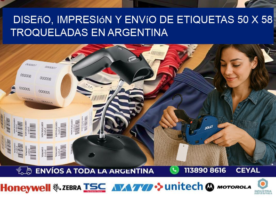 Diseño, impresión y envío de etiquetas 50 x 58 troqueladas en Argentina