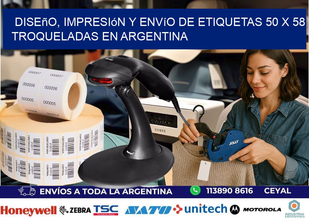 Diseño, impresión y envío de etiquetas 50 x 58 troqueladas en Argentina