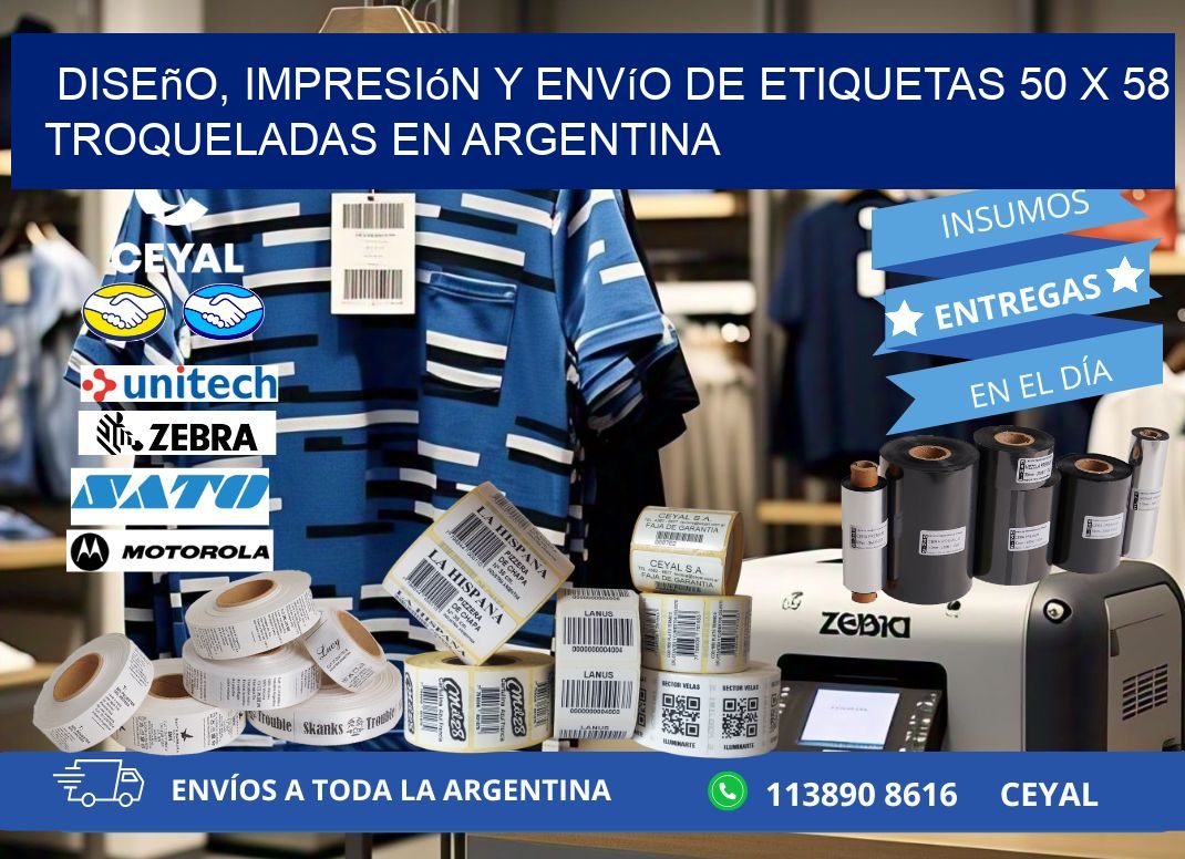 Diseño, impresión y envío de etiquetas 50 x 58 troqueladas en Argentina