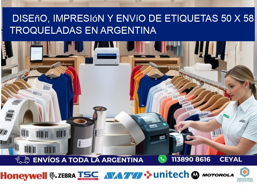 Diseño, impresión y envío de etiquetas 50 x 58 troqueladas en Argentina
