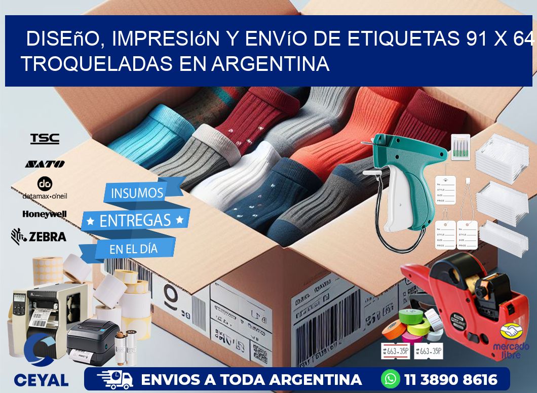 Diseño, impresión y envío de etiquetas 91 x 64 troqueladas en Argentina