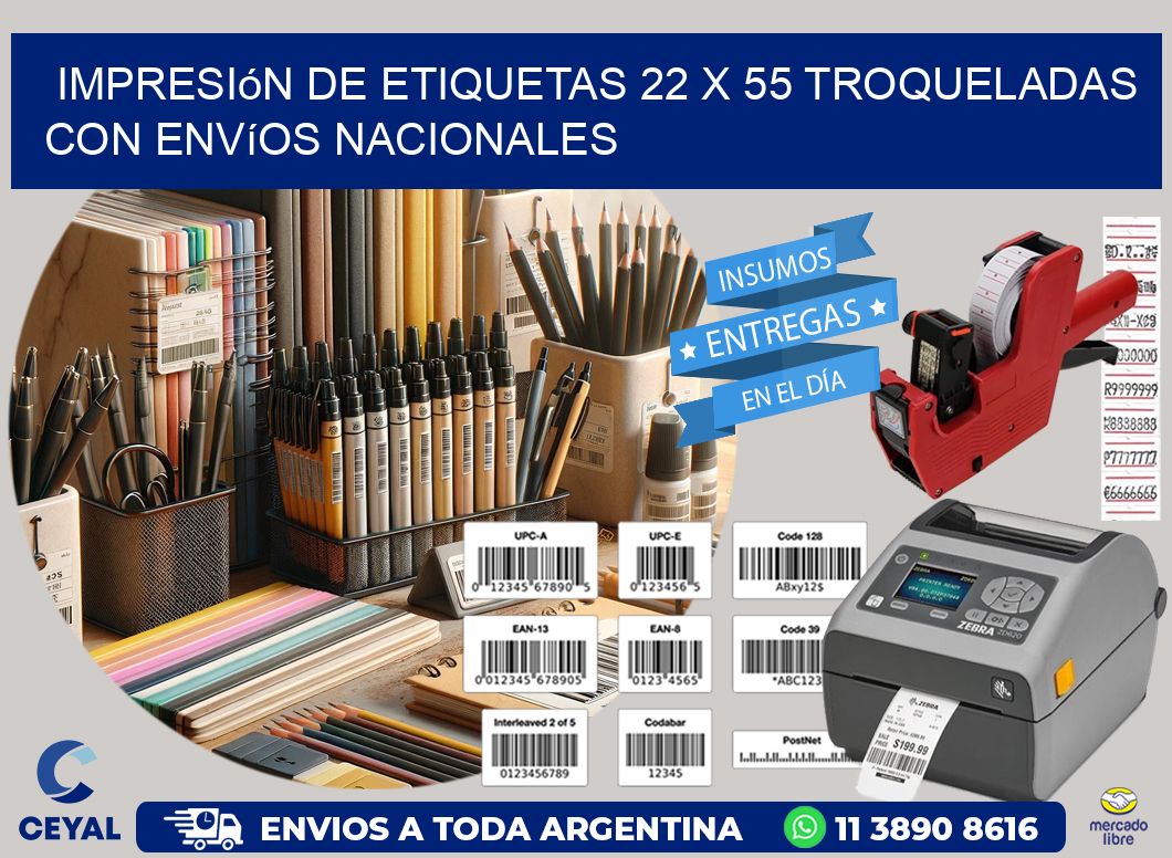 Impresión de etiquetas 22 x 55 troqueladas con envíos nacionales