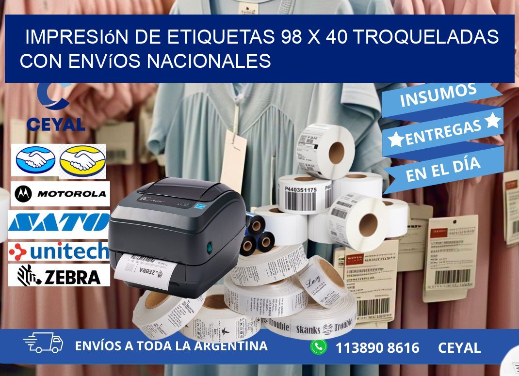 Impresión de etiquetas 98 x 40 troqueladas con envíos nacionales