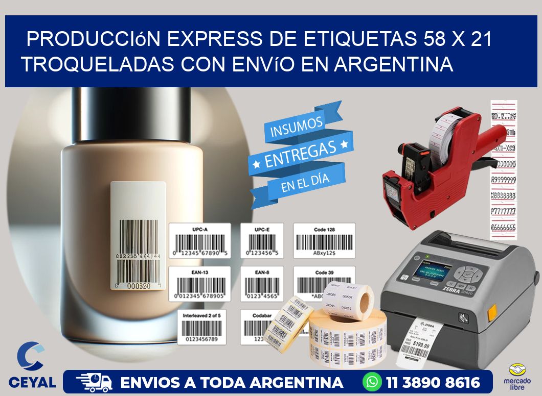 Producción express de etiquetas 58 x 21 troqueladas con envío en Argentina