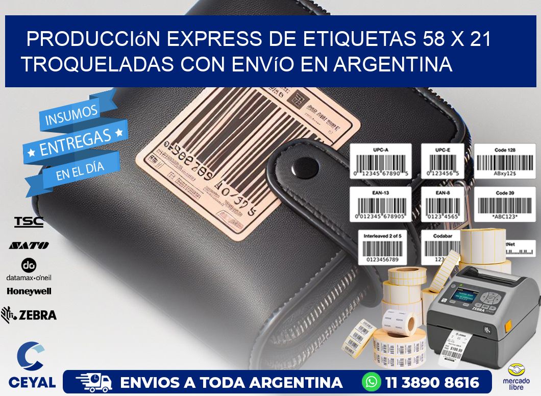 Producción express de etiquetas 58 x 21 troqueladas con envío en Argentina