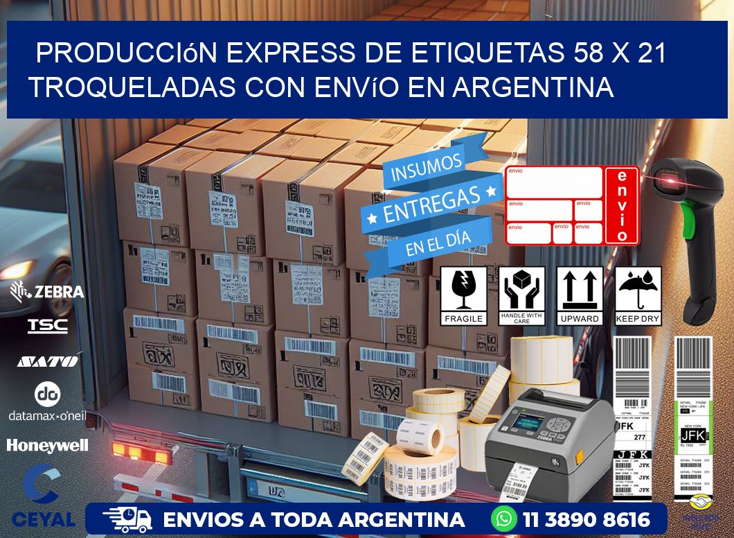 Producción express de etiquetas 58 x 21 troqueladas con envío en Argentina