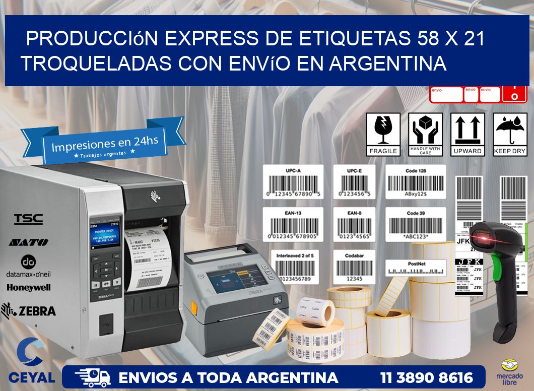 Producción express de etiquetas 58 x 21 troqueladas con envío en Argentina