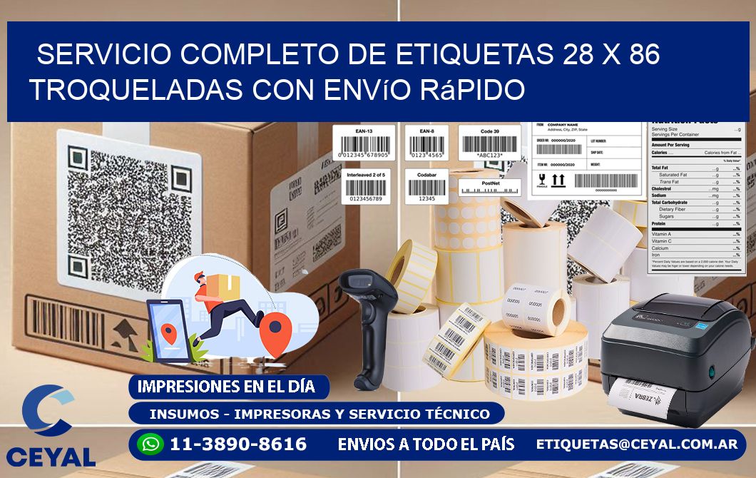 Servicio completo de etiquetas 28 x 86 troqueladas con envío rápido