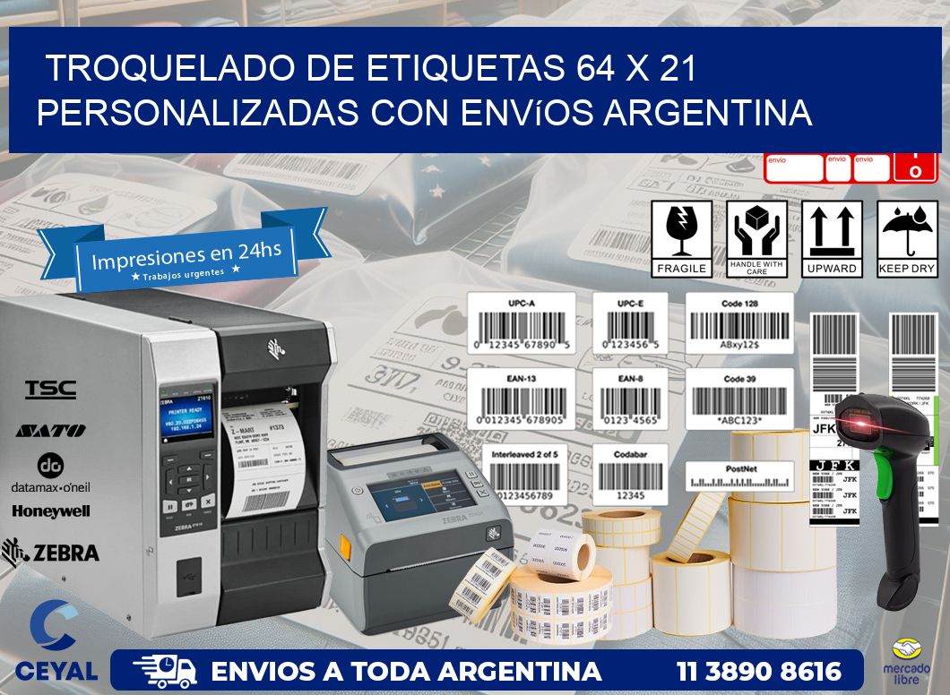 Troquelado de etiquetas 64 x 21 personalizadas con envíos Argentina