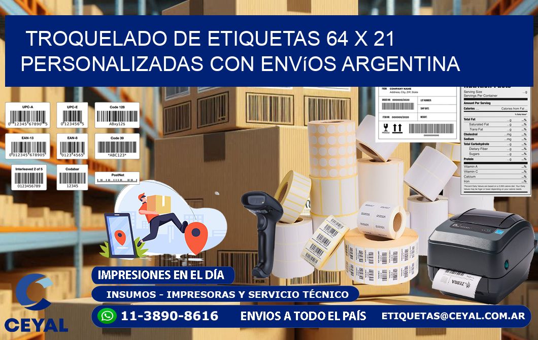 Troquelado de etiquetas 64 x 21 personalizadas con envíos Argentina