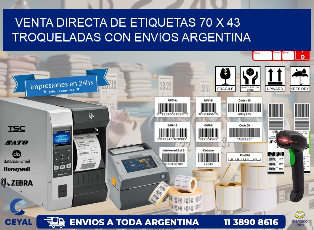 Venta directa de etiquetas 70 x 43 troqueladas con envíos Argentina