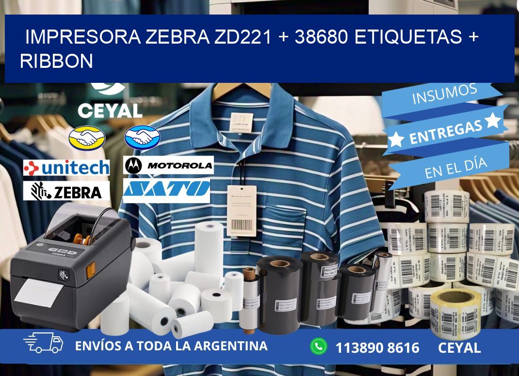 impresora zebra zd221 + 38680 etiquetas + ribbon