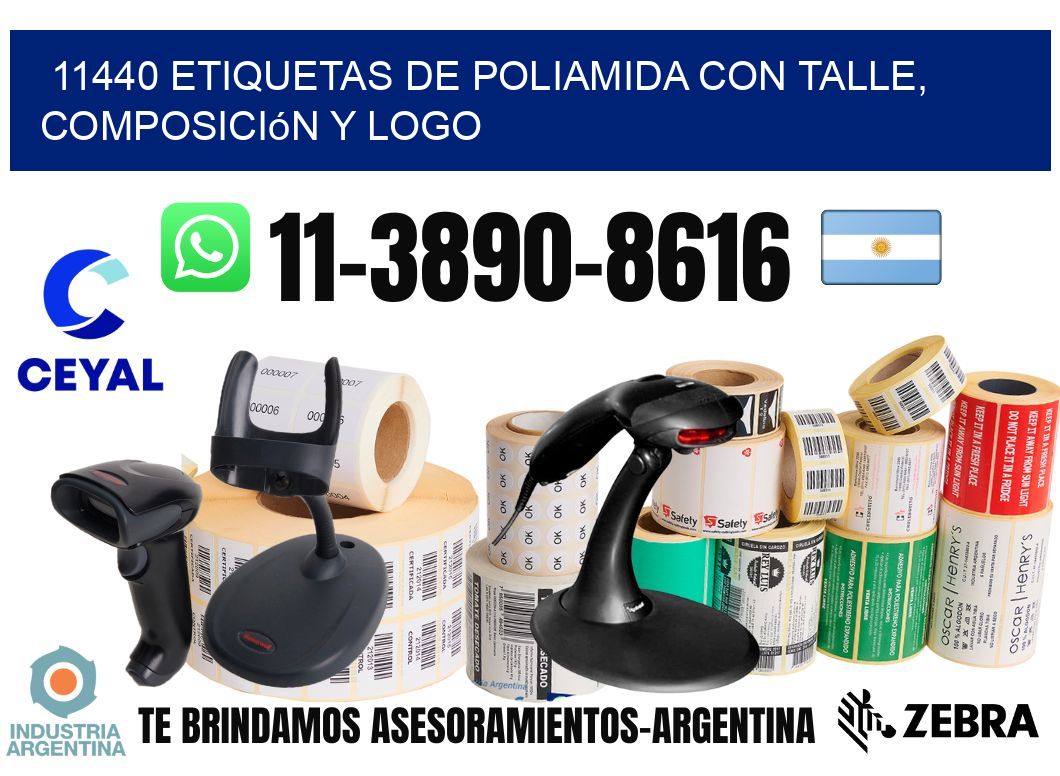 11440 Etiquetas de poliamida con talle, composición y logo