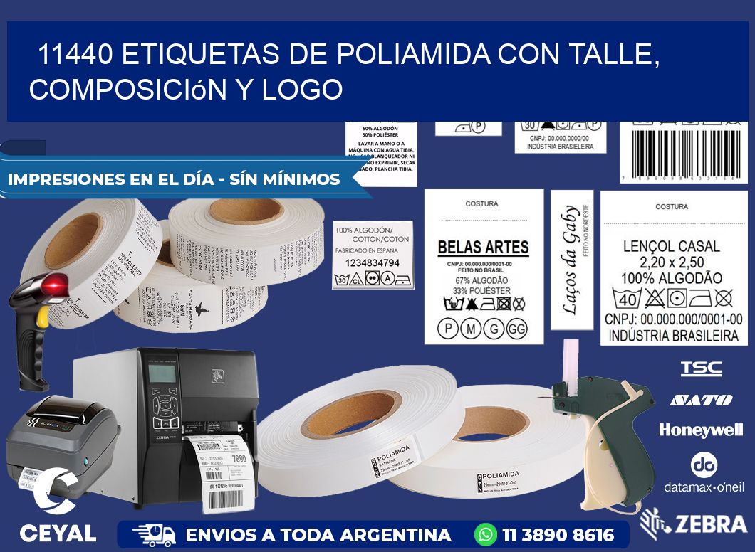 11440 Etiquetas de poliamida con talle, composición y logo