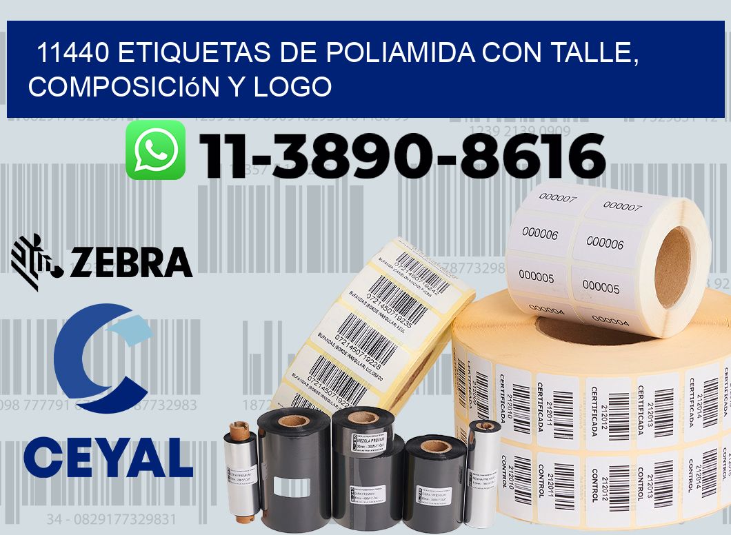 11440 Etiquetas de poliamida con talle, composición y logo