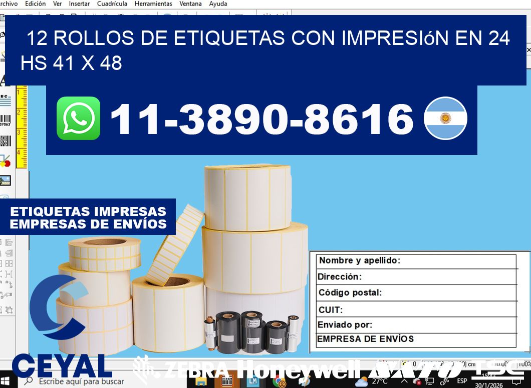 12 rollos de etiquetas con impresión en 24 hs 41 x 48