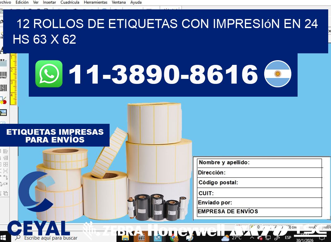 12 rollos de etiquetas con impresión en 24 hs 63 x 62