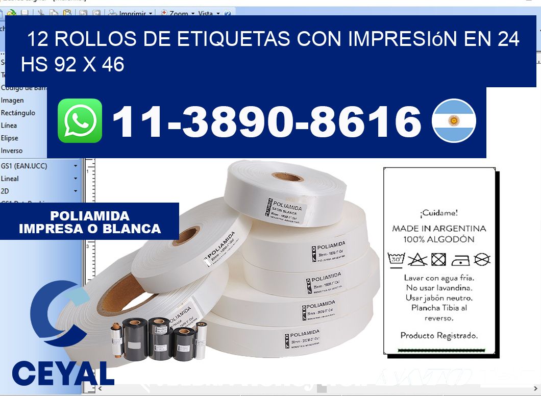 12 rollos de etiquetas con impresión en 24 hs 92 x 46