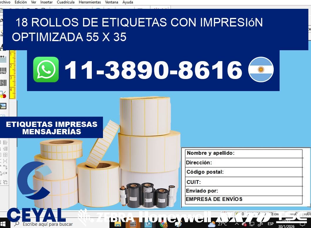 18 rollos de etiquetas con impresión optimizada 55 x 35