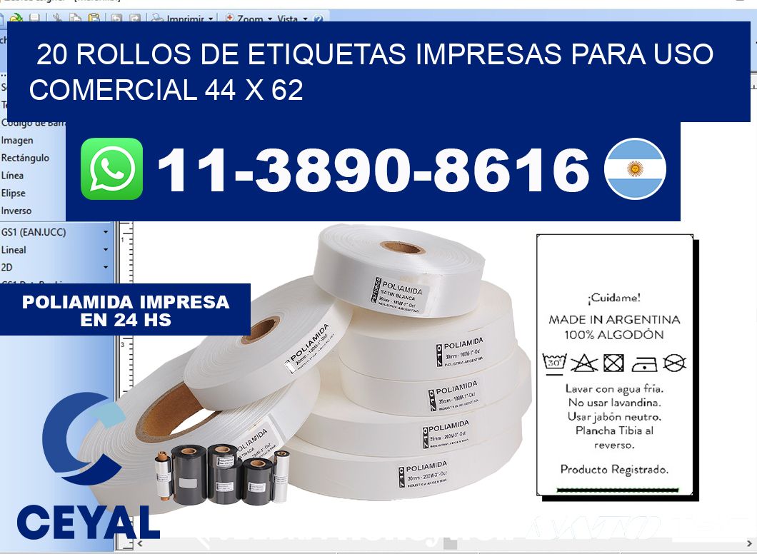 20 rollos de etiquetas impresas para uso comercial 44 x 62
