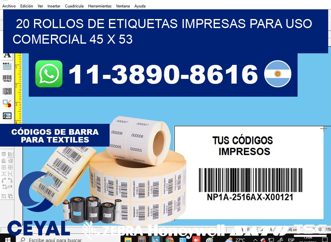 20 rollos de etiquetas impresas para uso comercial 45 x 53