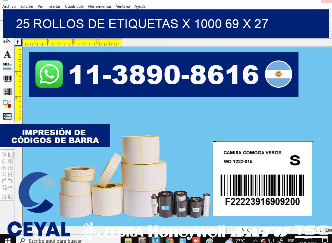 25 rollos de etiquetas x 1000 69 x 27