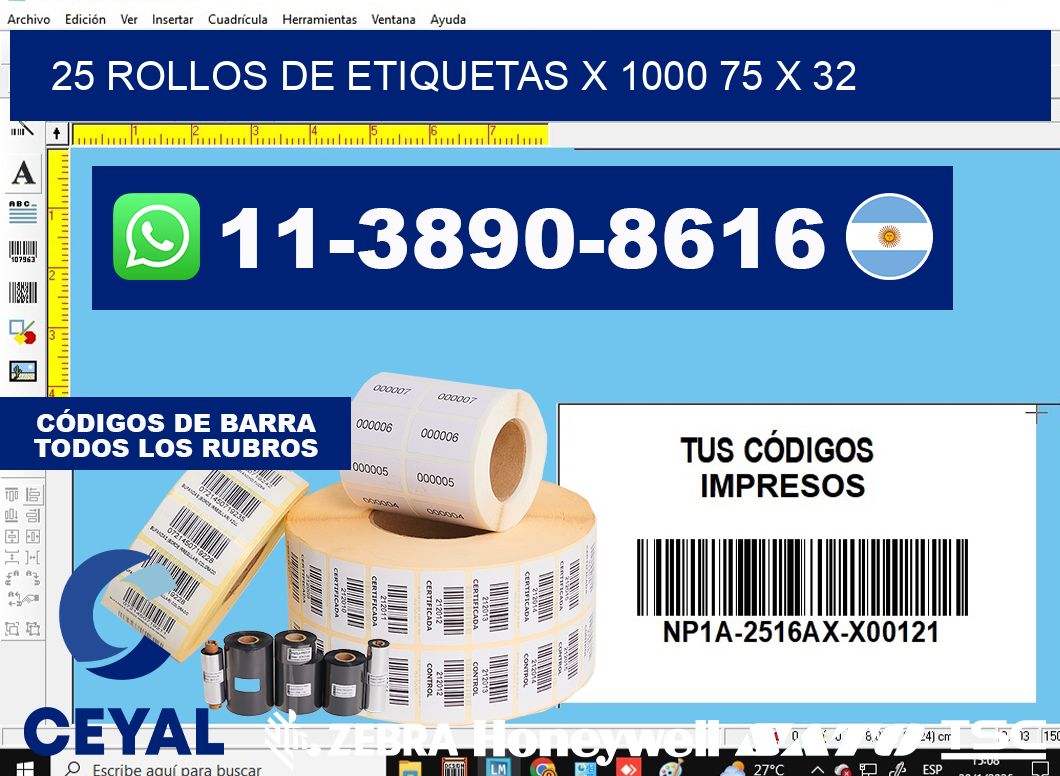 25 rollos de etiquetas x 1000 75 x 32