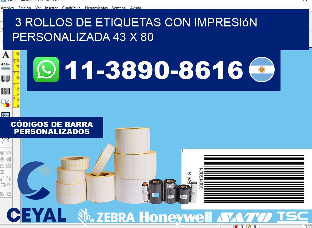 3 rollos de etiquetas con impresión personalizada 43 x 80
