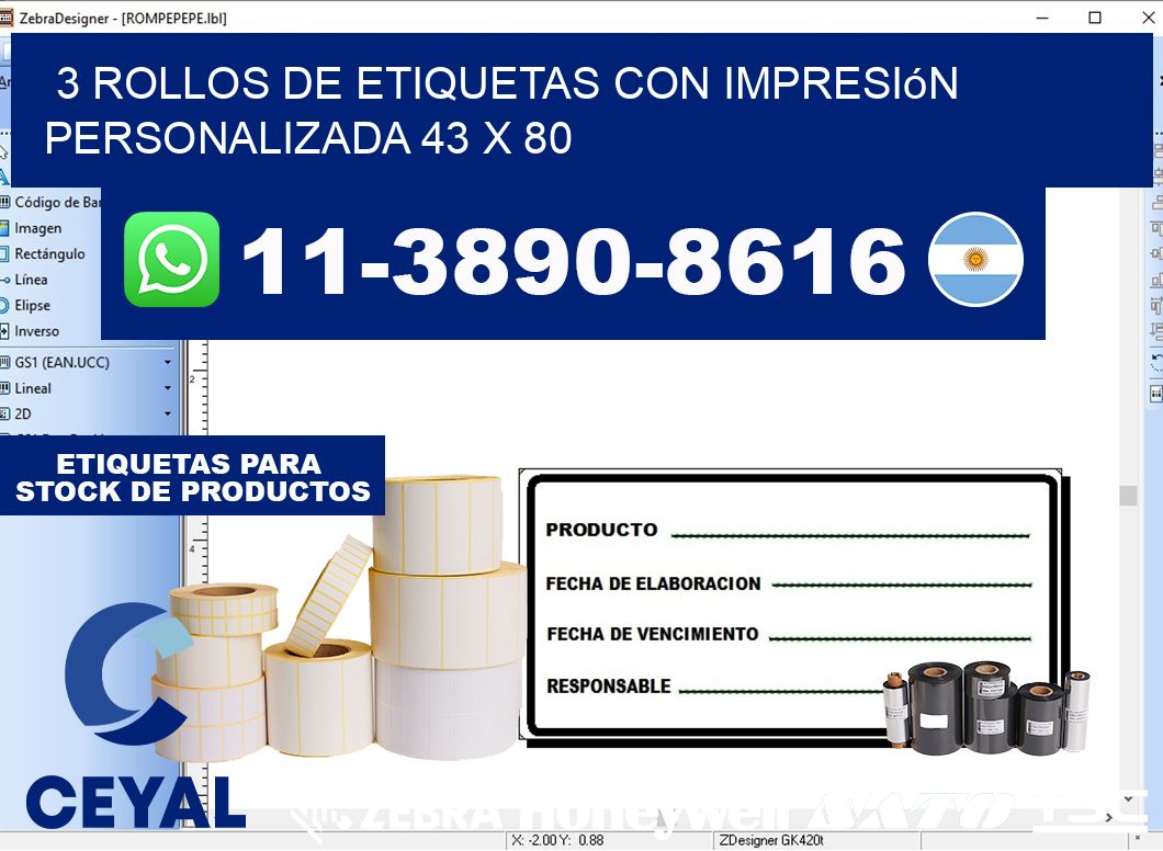 3 rollos de etiquetas con impresión personalizada 43 x 80