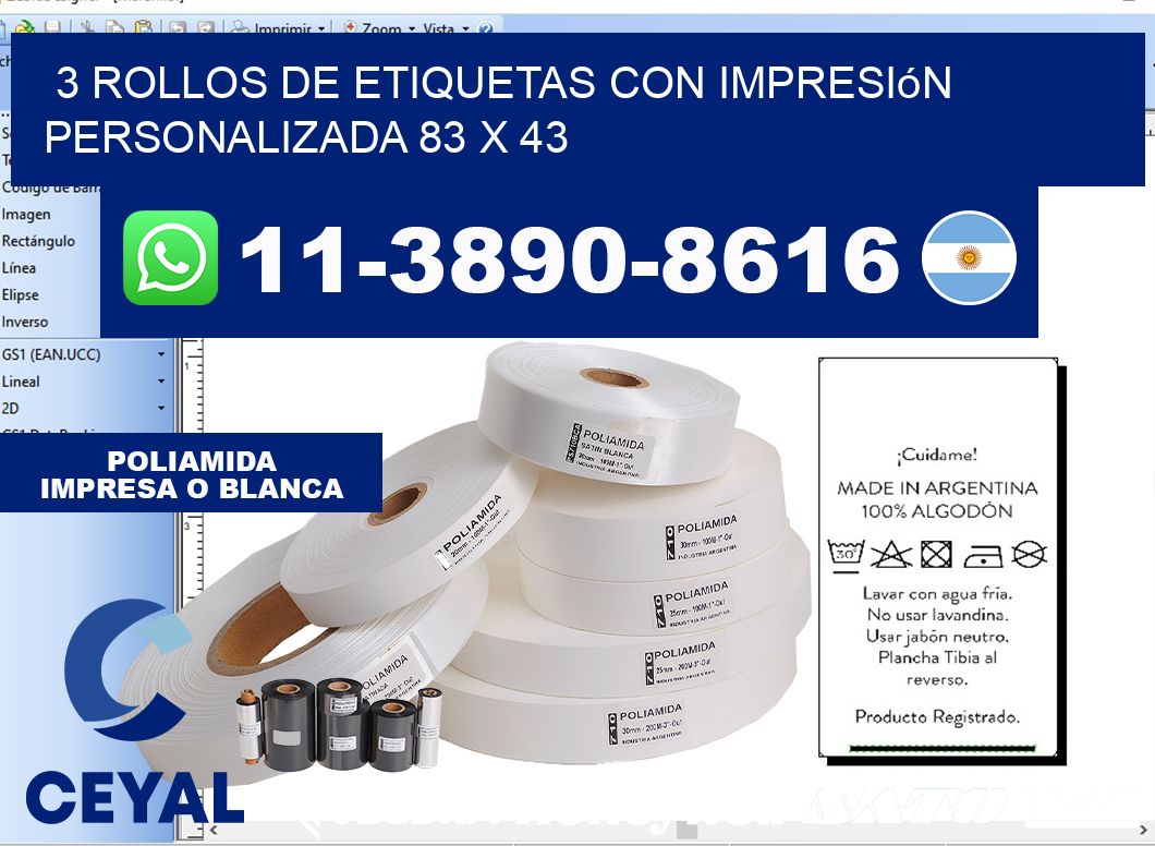 3 rollos de etiquetas con impresión personalizada 83 x 43