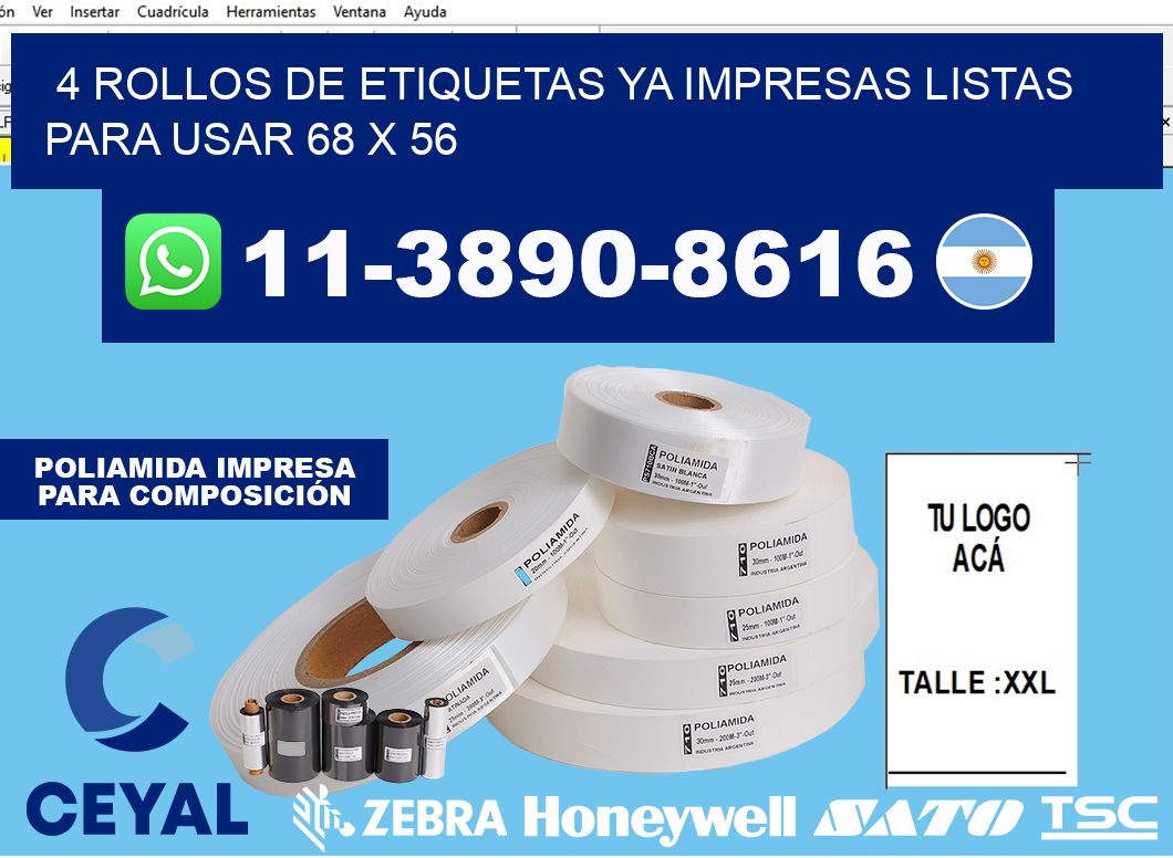 4 rollos de etiquetas ya impresas listas para usar 68 x 56