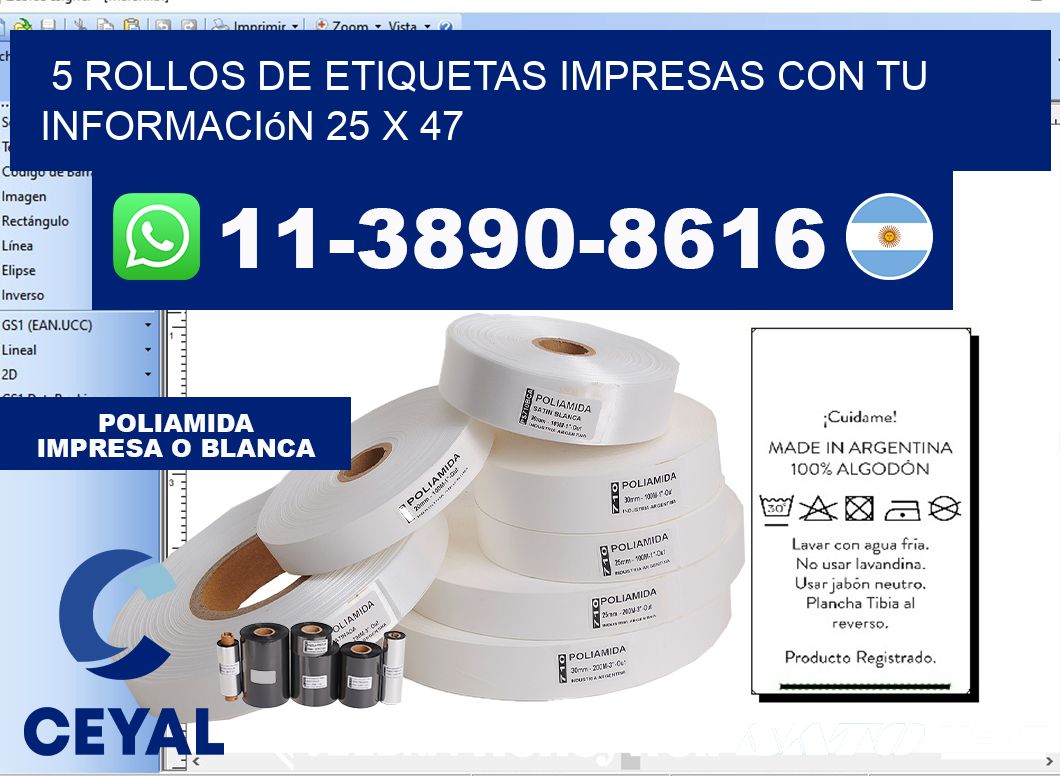 5 rollos de etiquetas impresas con tu información 25 x 47