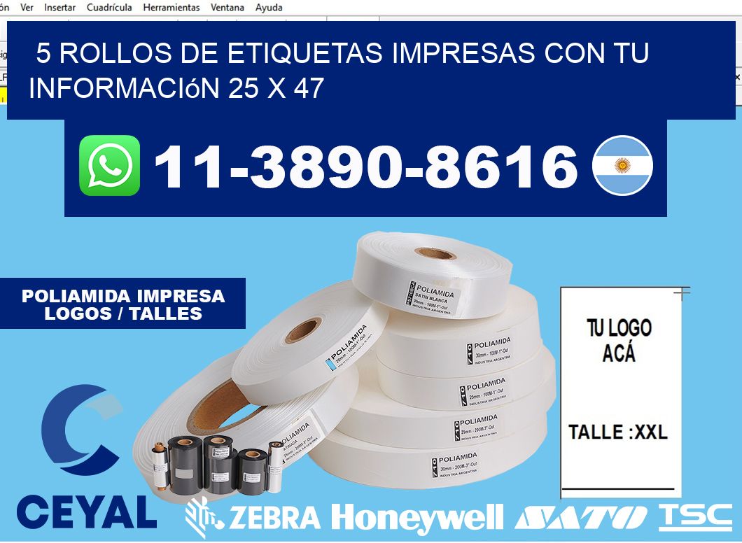 5 rollos de etiquetas impresas con tu información 25 x 47